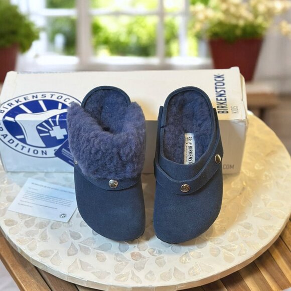 Birkenstock Kaprun Cuff Shearling Slipper Clog Kids EU 26 / US K 8.0 Navy - Picture 8 of 16